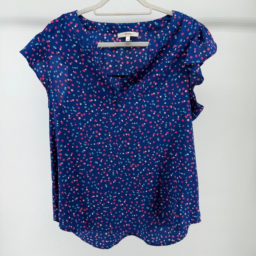 Andree by Unit Blue Polka Dot Ruffle Sleeve Top Blouse Women's Size Large - Picture 2 of 8